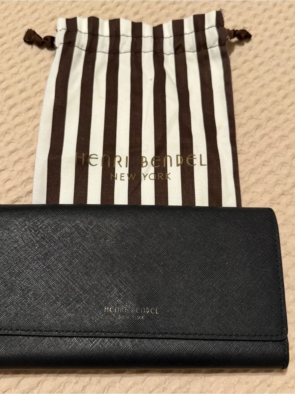 henri bendel Black Leather Travel Wallet with Branded Stripe Pouch